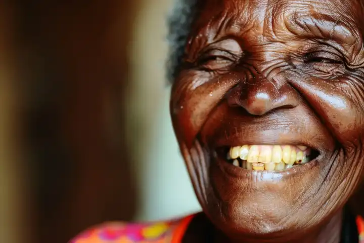 Ein offenes Porträt einer alten Frau, die wirklich lacht und Falten um ihre Augen hat, generiert mit KI