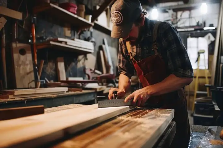 Ein Schreiner misst und schneidet Holz in einer Werkstatt, generiert mit KI