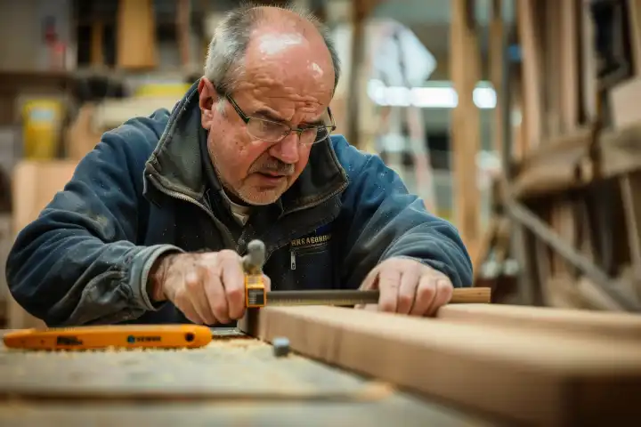 Ein Schreiner misst und schneidet Holz in einer Werkstatt, generiert mit KI