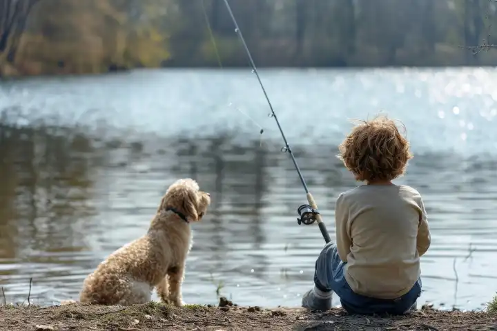 Ein Kind sitzt geduldig an einem See mit einer Angel, während sein Hund in der Nähe aufgeregt mit dem Schwanz wedelt, generiert mit KI