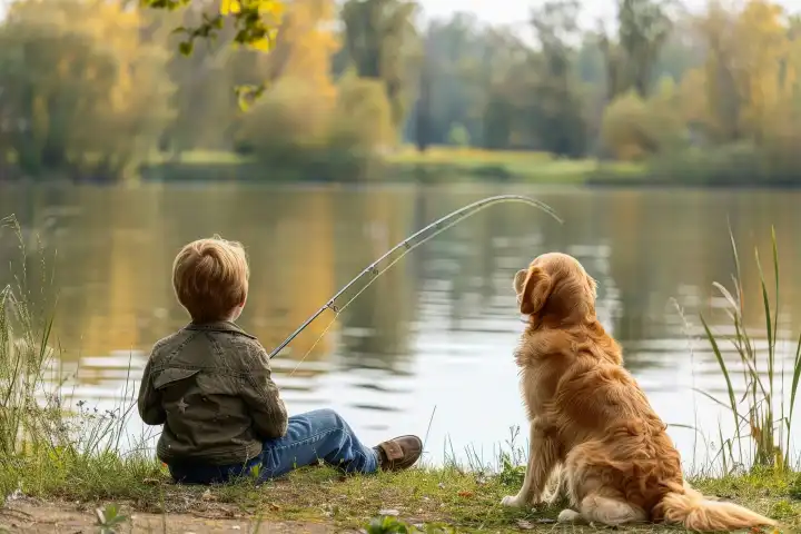 Ein Kind sitzt geduldig an einem See mit einer Angel, während sein Hund in der Nähe aufgeregt mit dem Schwanz wedelt, generiert mit KI