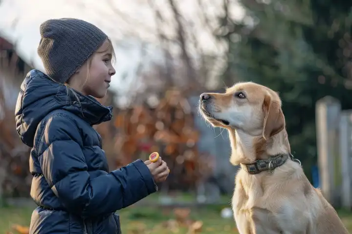 Ein Kind steht stolz neben seinem Hund und hält ein Leckerli in der Hand, während der Hund einen erfolgreichen Trick vorführt, generiert mit KI