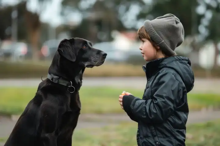 Ein Kind steht stolz neben seinem Hund und hält ein Leckerli in der Hand, während der Hund einen erfolgreichen Trick vorführt, generiert mit KI
