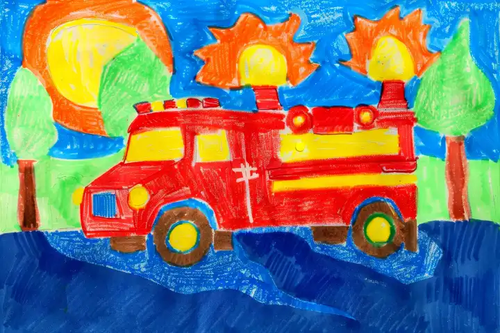 Ein mit Buntstiften gemaltes Feuerwehrauto, AI-generiert