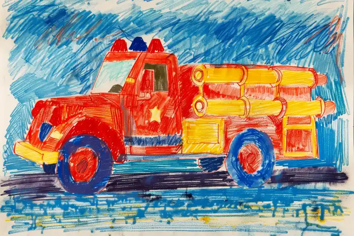 Ein mit Buntstiften gemaltes Feuerwehrauto, AI-generiert