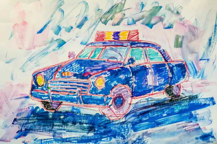 Ein von einem Kind mit Buntstiften gemaltes Polizeiauto, AI-generiert