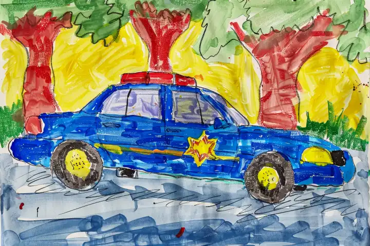 Ein von einem Kind mit Buntstiften gemaltes Polizeiauto, AI-generiert