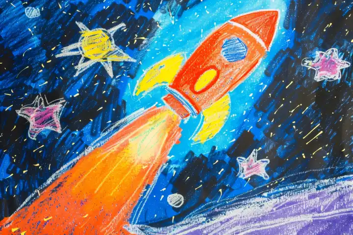 Ein mit Buntstiften gemaltes Kinderbild einer mächtigen Rakete, die in den Himmel startet, AI-generiert