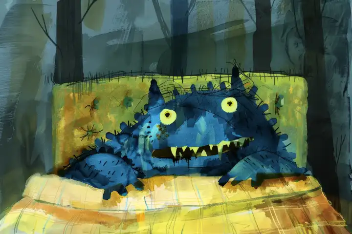 Ein von einem Kind gemaltes Bild eines Monsters unter dem Bett, generiert durch AI