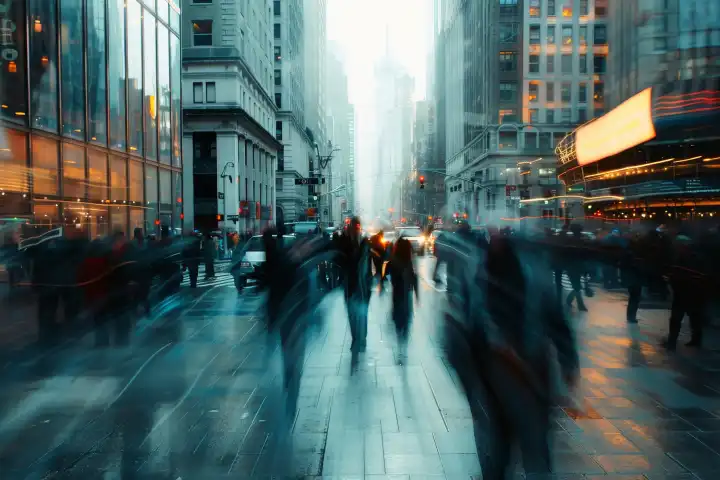 Eine Straßenszene in einer Stadt, in der sich die Menschen mit unscharfen Bewegungen bewegen, generiert mit KI
