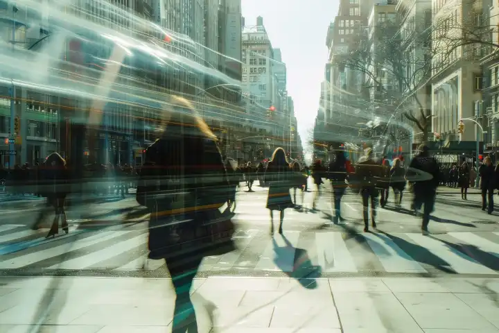 Eine Straßenszene in einer Stadt, in der sich die Menschen mit unscharfen Bewegungen bewegen, generiert mit KI