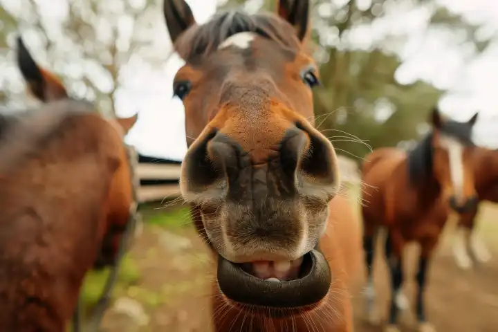 Eine Nahaufnahme eines Pferdes, das in die Kamera lächelt, AI-generiert