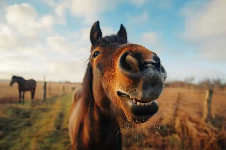 Eine Nahaufnahme eines Pferdes, das in die Kamera lächelt, AI-generiert