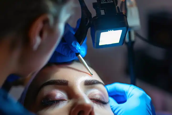 Eine Nahaufnahme einer Kosmetikerin, die vorsichtig Microblading-Striche auf die Augenbrauen einer Frau aufträgt, generiert mit KI