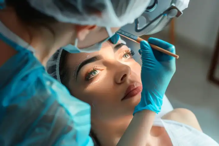 Eine Nahaufnahme einer Kosmetikerin, die vorsichtig Microblading-Striche auf die Augenbrauen einer Frau aufträgt, generiert mit KI