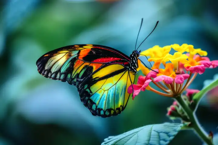 Eine Nahaufnahme eines farbenprächtigen Schmetterlings, der sich auf einer leuchtenden Blume niedergelassen hat, die AI erzeugt hat.