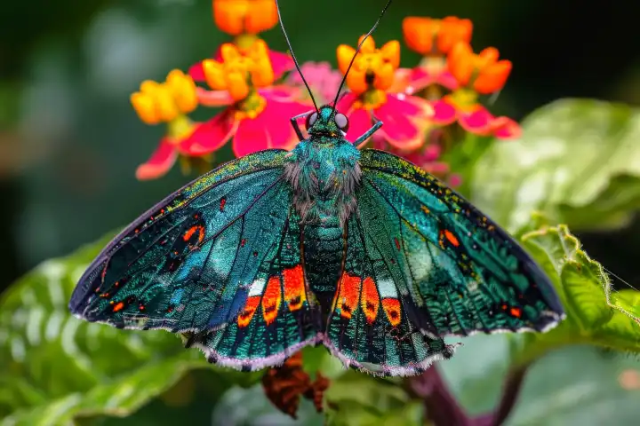 Eine Nahaufnahme eines farbenprächtigen Schmetterlings, der sich auf einer leuchtenden Blume niedergelassen hat, die AI erzeugt hat.