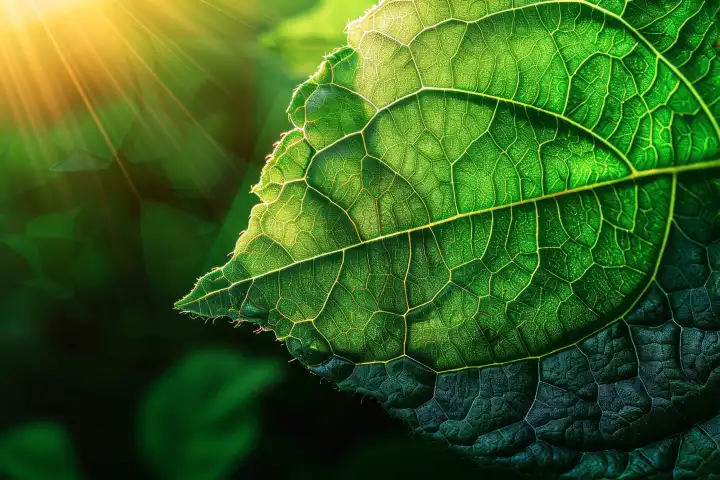 Eine Nahaufnahme eines grünen Blattes mit Sonnenstrahlen, die es treffen, erzeugt AI