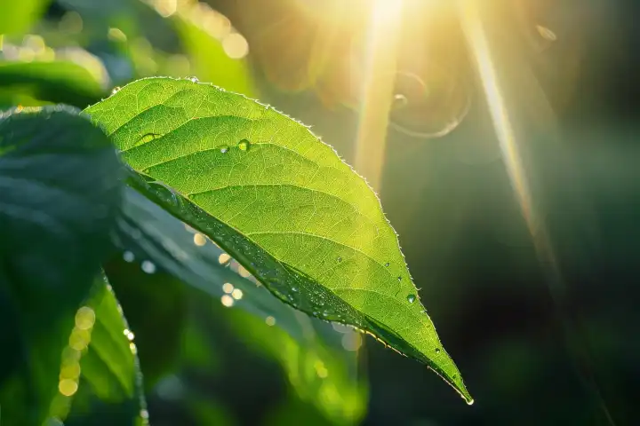 Eine Nahaufnahme eines grünen Blattes mit Sonnenstrahlen, die es treffen, erzeugt AI
