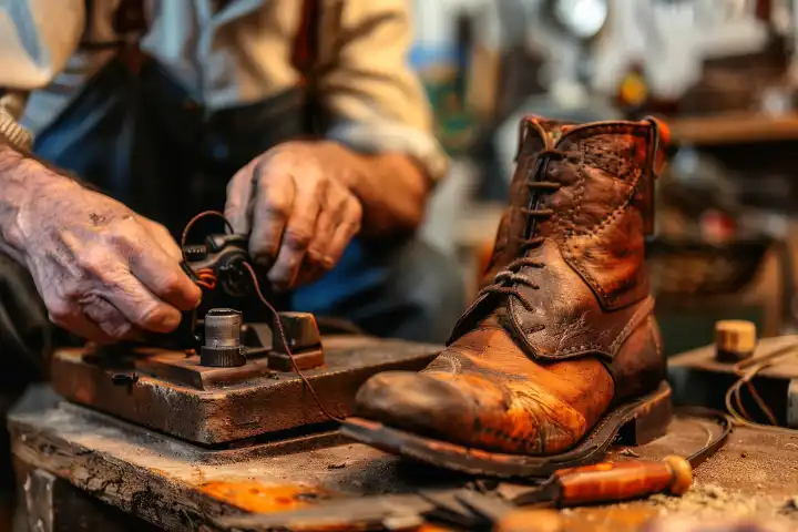 Ein Schuster repariert einen abgenutzten Lederstiefel mit einer Nähmaschine und traditionellen Werkzeugen, generiert mit KI