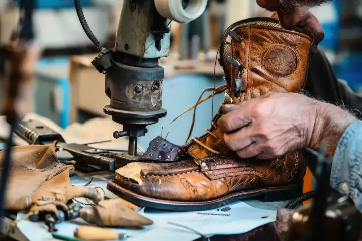 Ein Schuster repariert einen abgenutzten Lederstiefel mit einer Nähmaschine und traditionellen Werkzeugen, generiert mit KI