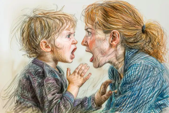 Farbstiftzeichnung einer Mutter, die mit ihrem Kind streitet, generiert mit KI
