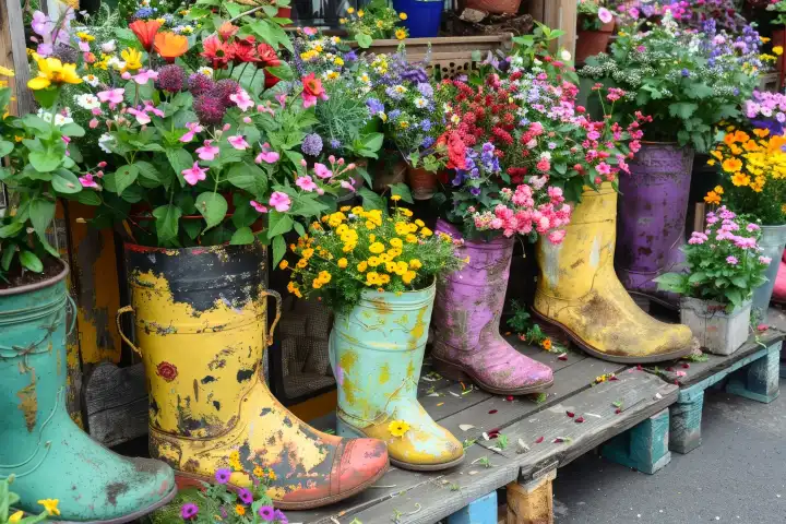 Eine farbenfrohe Ausstellung von Blumen und Kräutern, gepflanzt in wiederverwerteten Behältern wie alten Stiefeln und Teekannen, generiert mit KI
