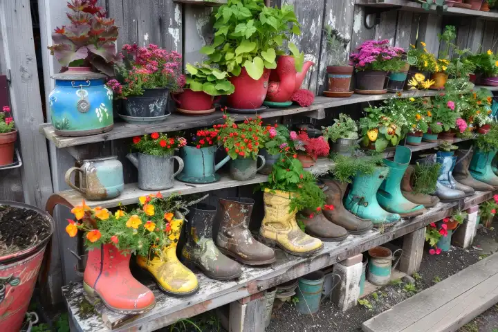 Eine farbenfrohe Ausstellung von Blumen und Kräutern, gepflanzt in wiederverwerteten Behältern wie alten Stiefeln und Teekannen, generiert mit KI