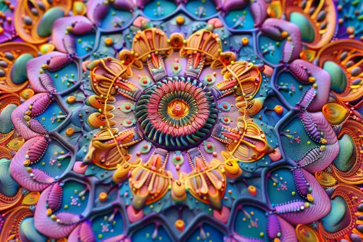Ein komplexes und farbenfrohes dreidimensionales Mandala als AI-Hintergrund