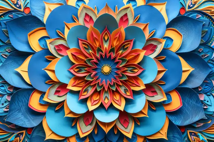 Ein komplexes und farbenfrohes dreidimensionales Mandala als AI-Hintergrund