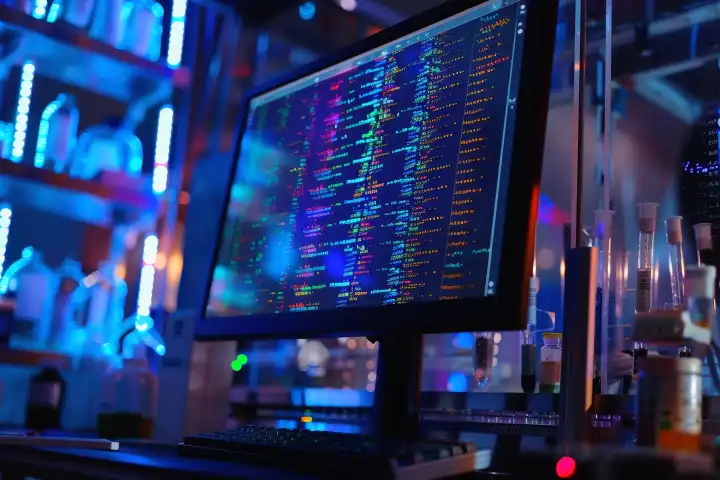 Ein Computerbildschirm, auf dem der Code sequenziert und analysiert wird, generiert mit KI