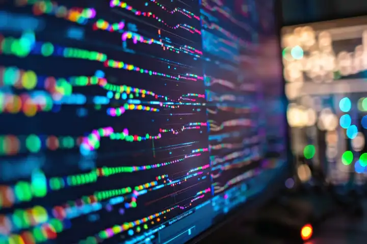 Ein Computerbildschirm, auf dem der genetische Code sequenziert und analysiert wird, generiert mit KI