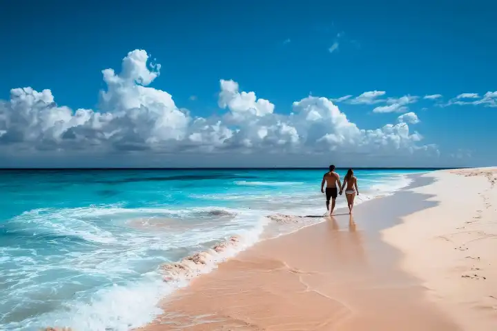Ein Paar bei einem romantischen Spaziergang an einem schönen Strand, generiert mit KI