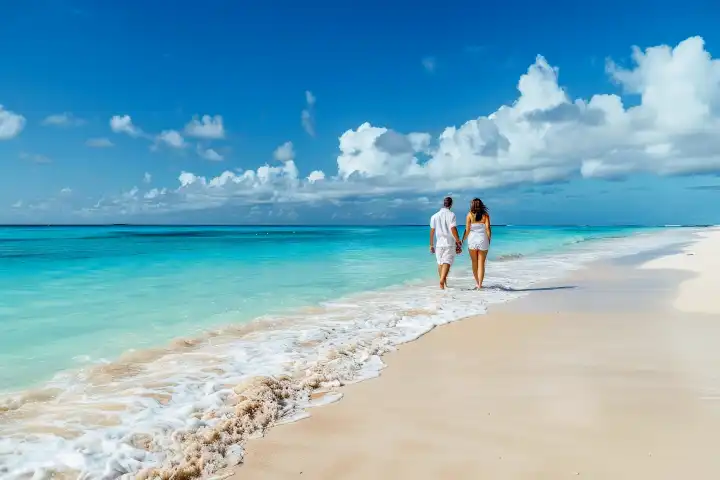 Ein Paar bei einem romantischen Spaziergang an einem schönen Strand, generiert mit KI