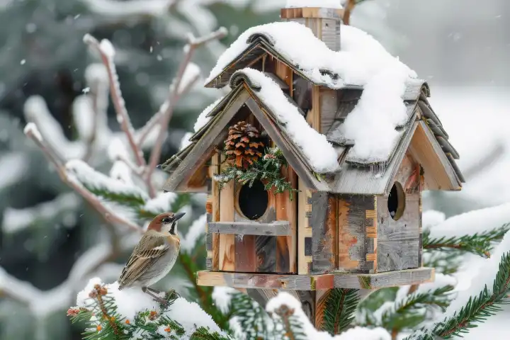 Ein gemütliches Vogelhaus, das einer Miniaturhütte ähnelt, mit natürlichen Materialien isoliert ist und über einen winzigen Schornstein verfügt, der AI erzeugt.