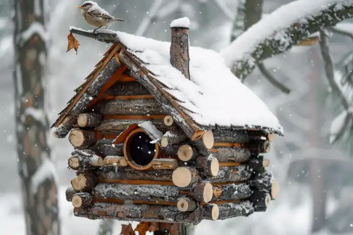 Ein gemütliches Vogelhaus, das einer Miniaturhütte ähnelt, mit natürlichen Materialien isoliert ist und über einen winzigen Schornstein verfügt, der AI erzeugt.