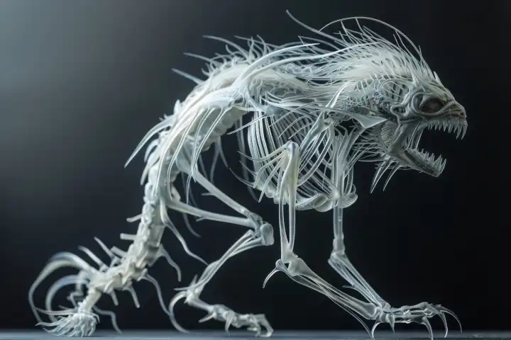 Eine Kreatur verwandelt sich nahtlos von einer Form in eine andere, wobei Fell und Knochen AI-generiert sind