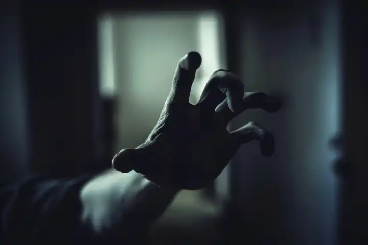 Eine unheimliche Hand aus einer Horrorszene greift nach dir, generiert mit KI