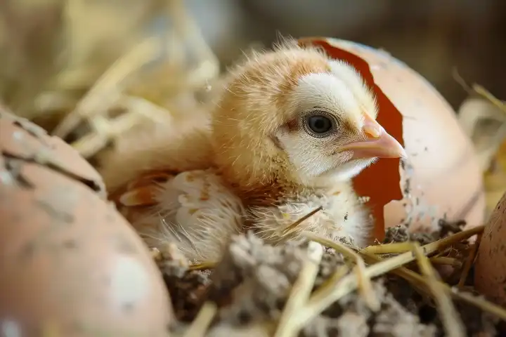 Ein süßes kleines Küken schlüpft aus einem Ei, das AI erzeugt hat