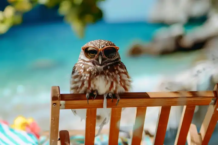 Eine niedliche kleine Eule im Urlaub an einem tropischen Strand in einem Stuhl mit Sonnenbrille AI erzeugt