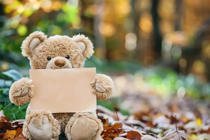 Ein niedlicher Teddybär hält ein leeres Schild zur Verwendung als Vorlage AI generiert