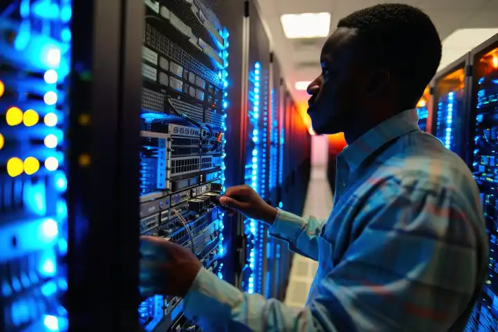 Ein Techniker eines Rechenzentrums bei der Fehlersuche an einer Reihe von Servern, generiert mit KI