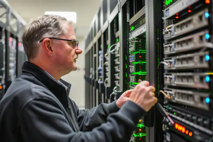 Ein Techniker eines Rechenzentrums bei der Fehlersuche an einer Reihe von Servern, generiert mit KI