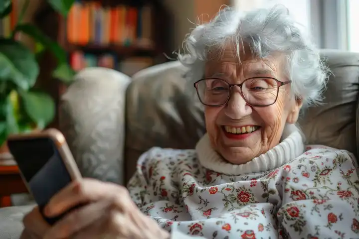 Eine Rentnerin freut sich über ihr neues Smartphone, generiert mit KI