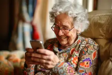 A female pensioner enjoying the new smartphone, generated with AI