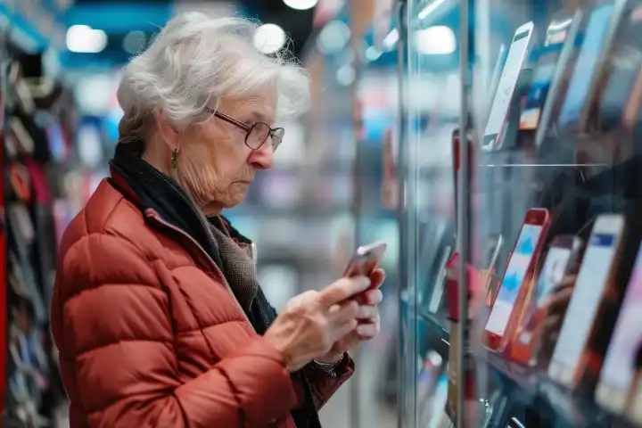 Eine Rentnerin steht hilflos in einem Smartphone-Laden mit vielen neuen Smartphone-Modellen, generiert mit KI