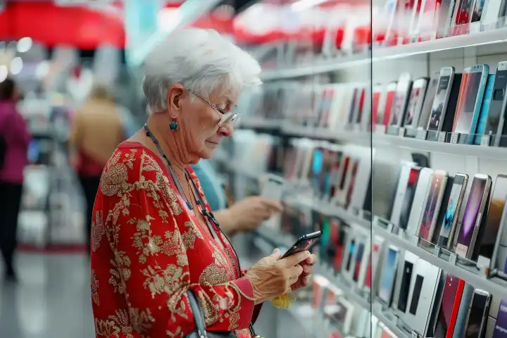 Eine Rentnerin steht hilflos in einem Smartphone-Laden mit vielen neuen Smartphone-Modellen, generiert mit KI