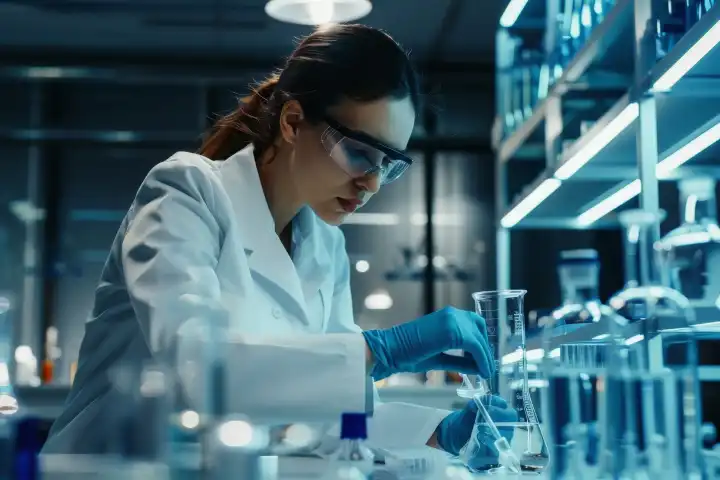 Eine Wissenschaftlerin in einem Laborkittel, die konzentriert ein Experiment durchführt, generiert mit KI
