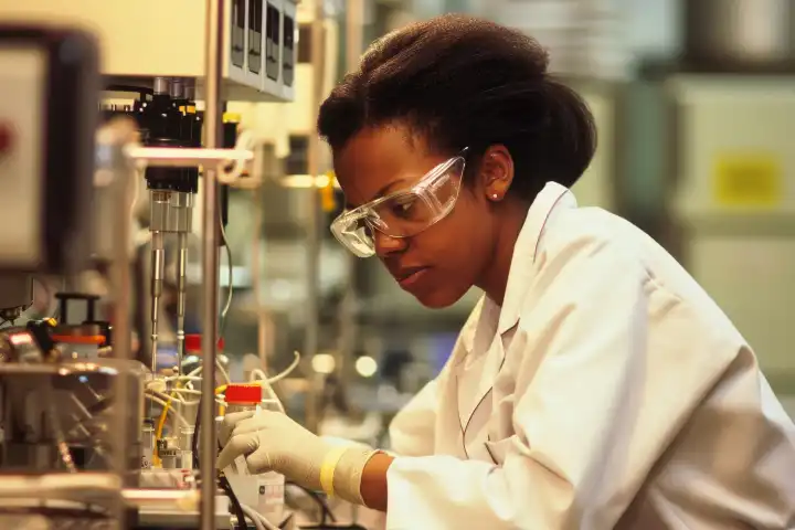 Eine Wissenschaftlerin in einem Laborkittel, die konzentriert ein Experiment durchführt, generiert mit KI