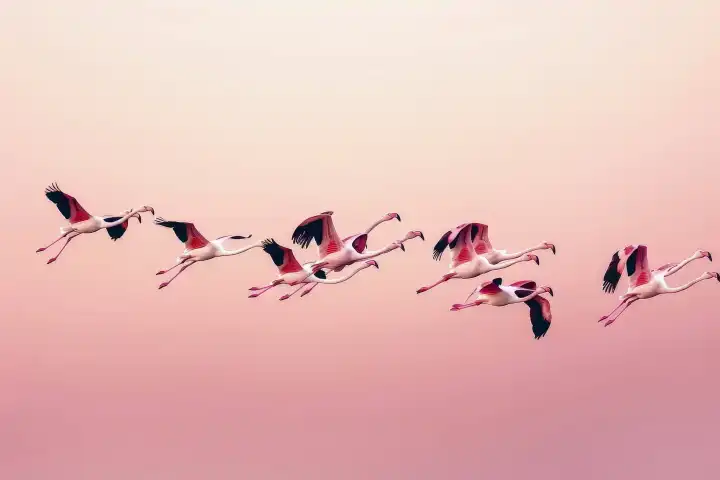 Ein Schwarm Flamingos fliegt synchron vor einem pastellrosa Himmel, den AI generiert hat.